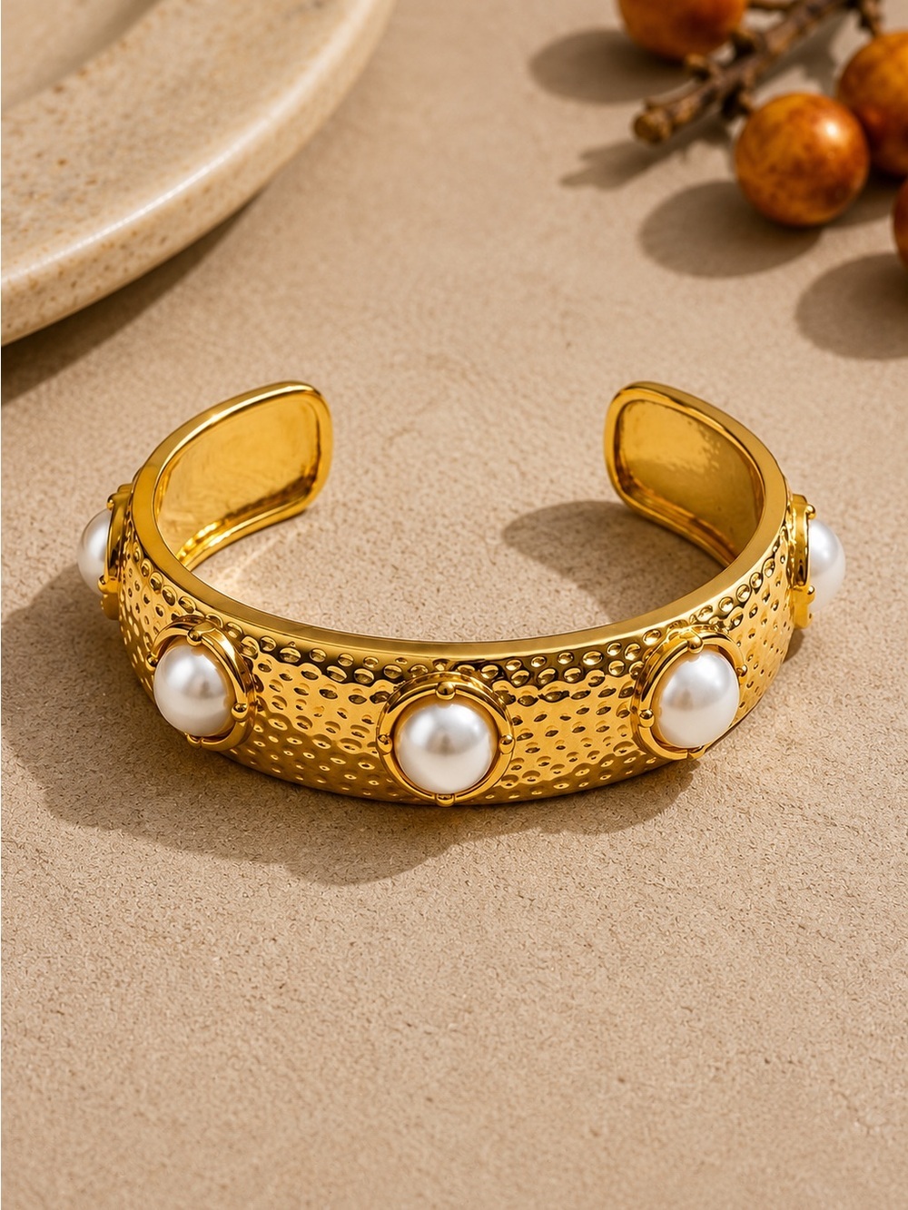 Gold plated Pearl-Accent Hammered Cuff Bracelet